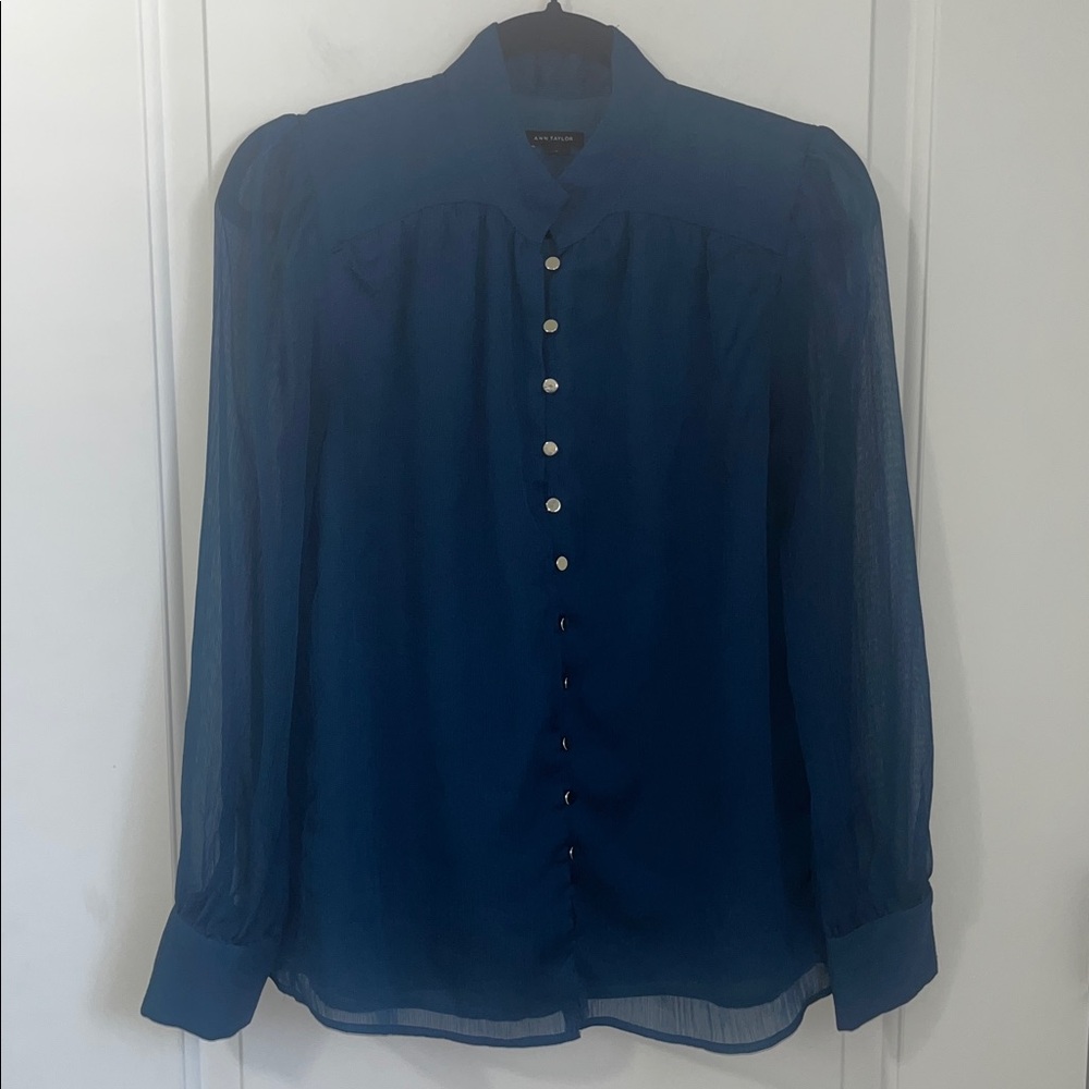 Ann Taylor Deep Blue Teal Button Down Shirt Blouse - Size Small